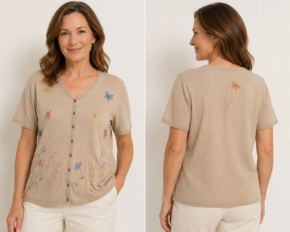 Vtg Y2K Christopher & Banks Short Sleeve Cardigan Flowers Butterfly Embroidered